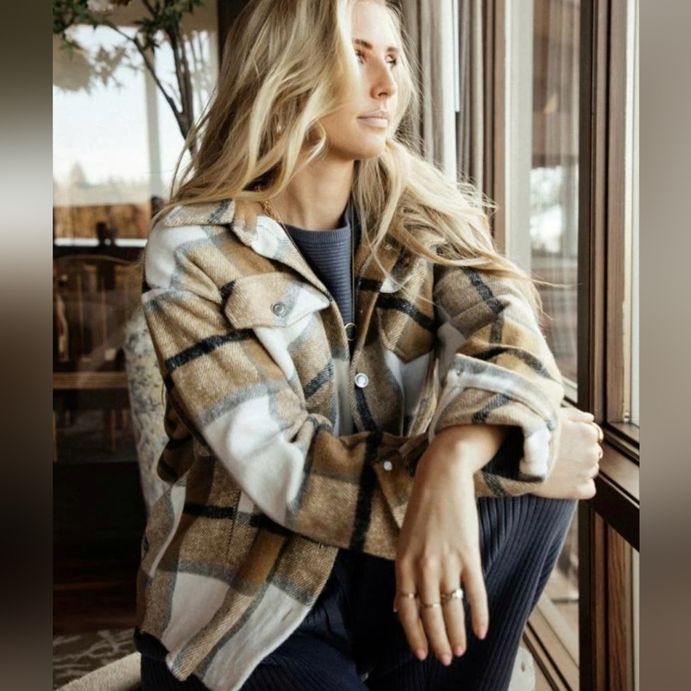 NEW Cozy Retro 70's Flannel Plaid Shacket Top Jacket Brown Tan White Gray - Picture 9 of 14